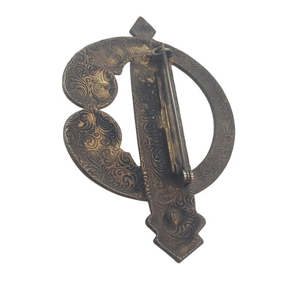 Vintage Victorian Revival Brass Brooch Faux Pearl Amber Glass Cabochons Celtic - Picture 7 of 11